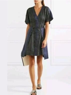 DIANE VON FURSENBERG DVF Larson 100% Silk Striped Tie Wrap Front Skirt Dress S